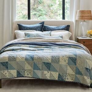 Pottery Barn Ellis Reversible Quilt Bedding Blue Beige Patchwork King Cal NEW